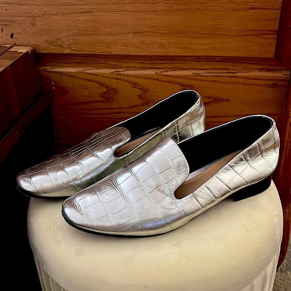 Schutz metallic croc embossed leather loafers